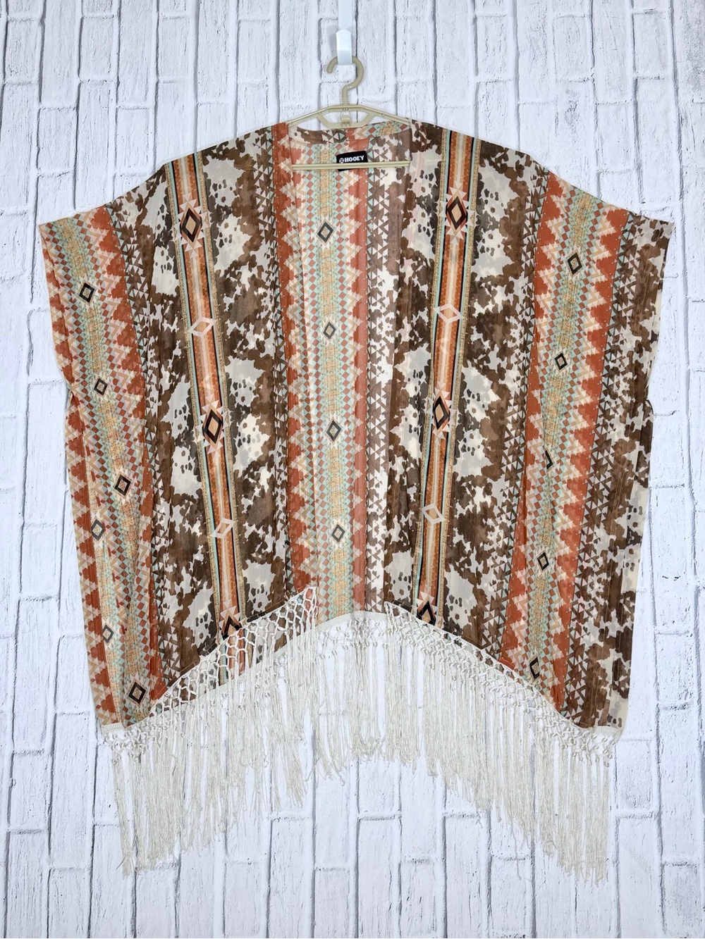 🌵 HOOEY One Size Southwestern Cowhide Print Aztec Fringe Kimono Duster